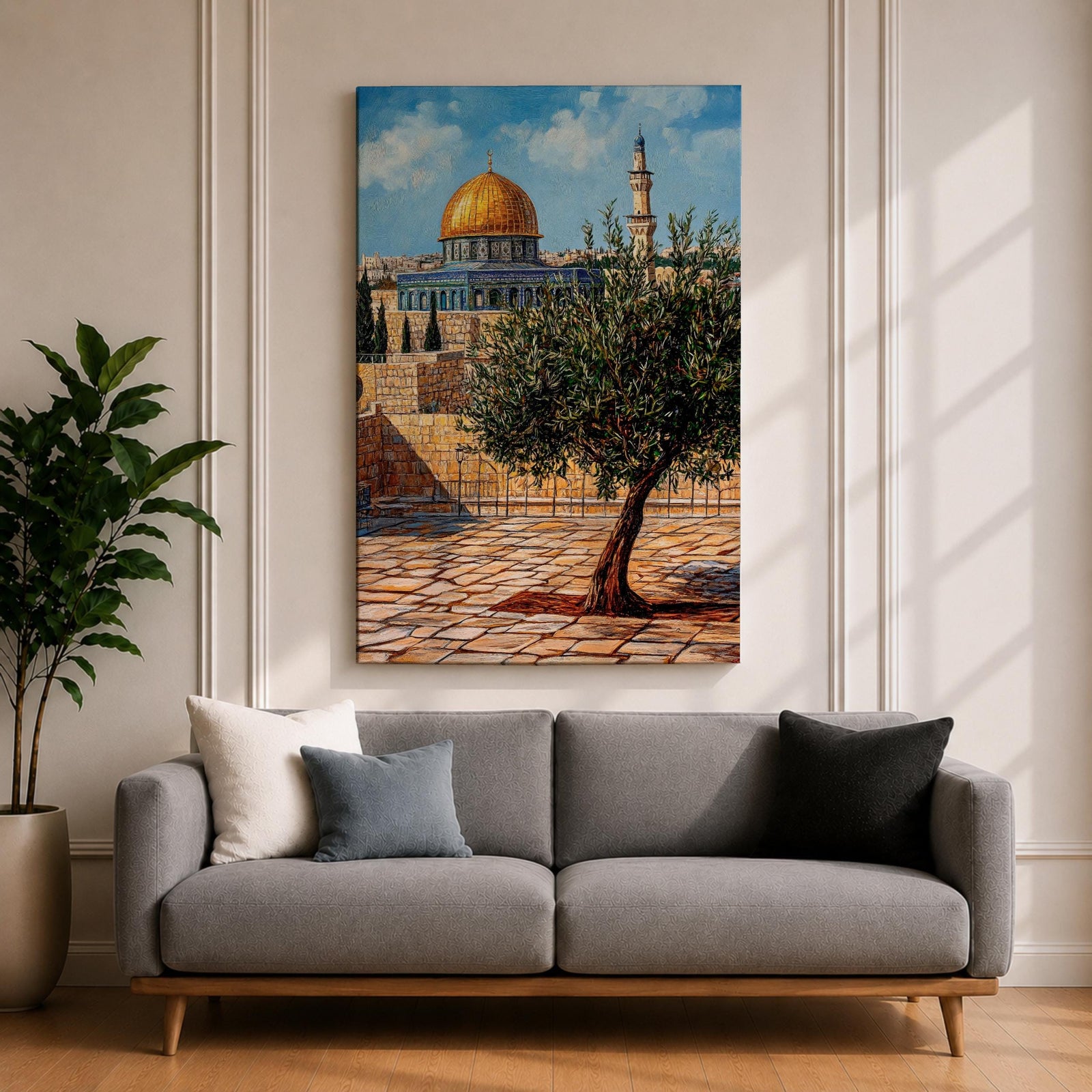 Painting of the golden Dome of the Rock beside Masjid Al Aqsa in Jerusalem with a prominent olive tree in the foreground, ancient stone courtyard walls, and the iconic Islamic shrine rising beneath a bright blue sky.