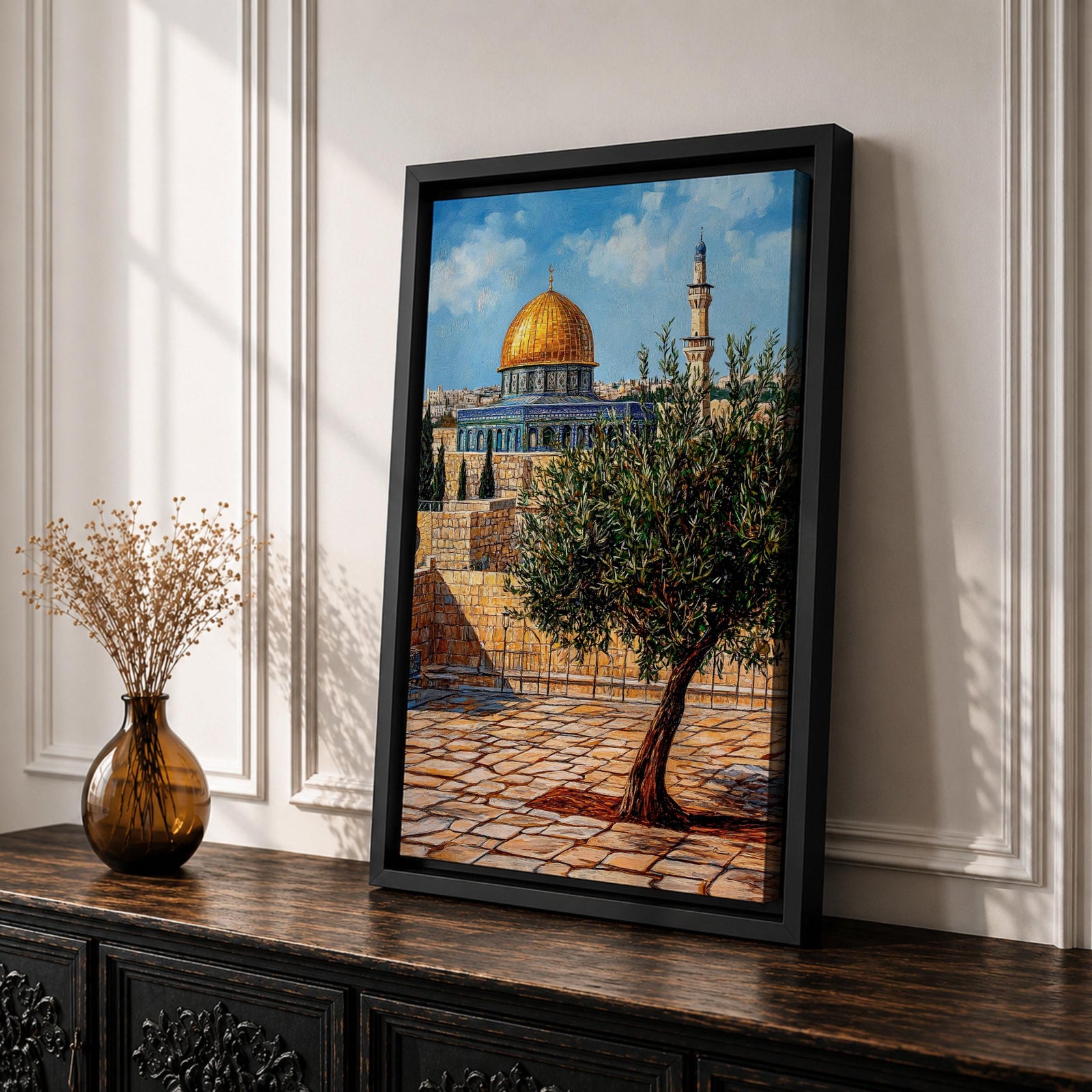 Painting of the golden Dome of the Rock beside Masjid Al Aqsa in Jerusalem with a prominent olive tree in the foreground, ancient stone courtyard walls, and the iconic Islamic shrine rising beneath a bright blue sky.