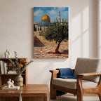Painting of the golden Dome of the Rock beside Masjid Al Aqsa in Jerusalem with a prominent olive tree in the foreground, ancient stone courtyard walls, and the iconic Islamic shrine rising beneath a bright blue sky.