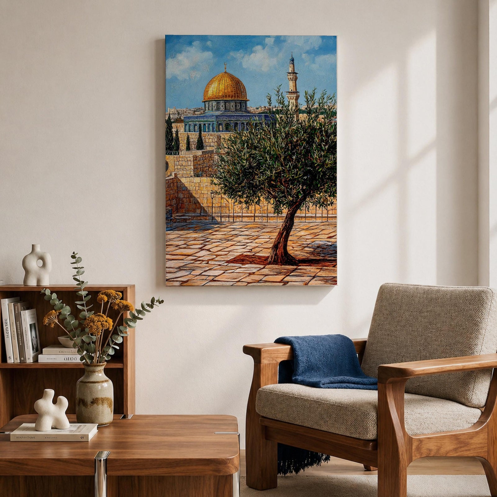 Painting of the golden Dome of the Rock beside Masjid Al Aqsa in Jerusalem with a prominent olive tree in the foreground, ancient stone courtyard walls, and the iconic Islamic shrine rising beneath a bright blue sky.