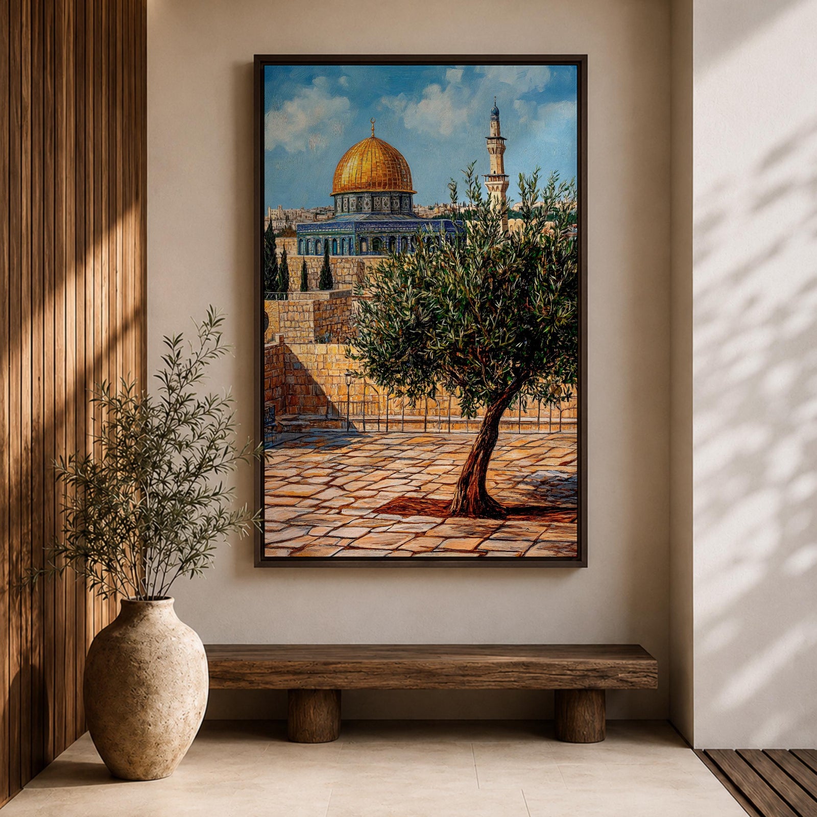 Painting of the golden Dome of the Rock beside Masjid Al Aqsa in Jerusalem with a prominent olive tree in the foreground, ancient stone courtyard walls, and the iconic Islamic shrine rising beneath a bright blue sky.