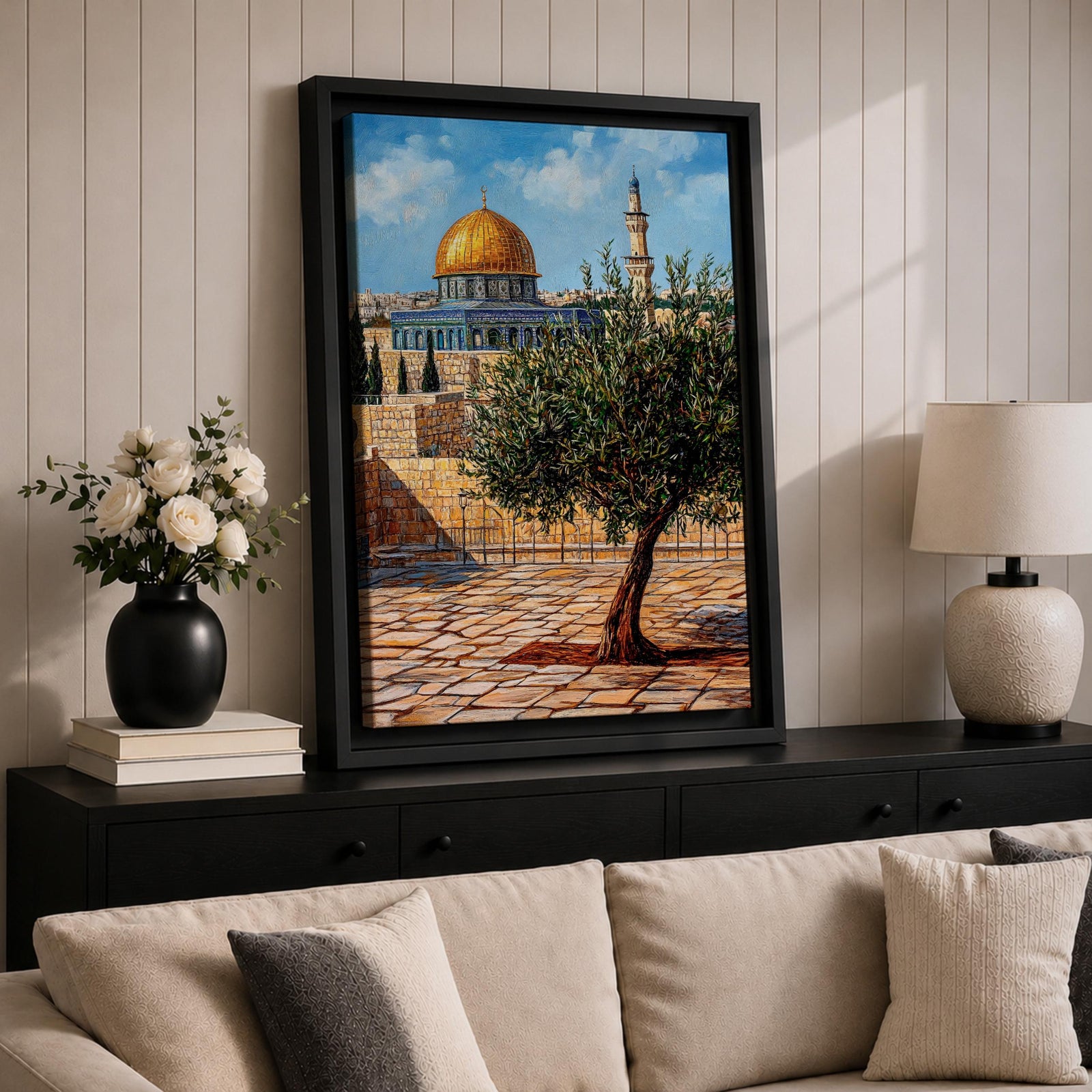 Painting of the golden Dome of the Rock beside Masjid Al Aqsa in Jerusalem with a prominent olive tree in the foreground, ancient stone courtyard walls, and the iconic Islamic shrine rising beneath a bright blue sky.