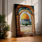 Mosaic-style artwork of the golden Dome of the Rock within the Masjid Al Aqsa compound in Jerusalem, viewed through a historic stone archway with detailed tile textures and the open courtyard leading toward the iconic Islamic shrine.