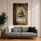 Mosaic-style artwork of the golden Dome of the Rock within the Masjid Al Aqsa compound in Jerusalem, viewed through a historic stone archway with detailed tile textures and the open courtyard leading toward the iconic Islamic shrine.