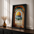 Mosaic-style artwork of the golden Dome of the Rock within the Masjid Al Aqsa compound in Jerusalem, viewed through a historic stone archway with detailed tile textures and the open courtyard leading toward the iconic Islamic shrine.