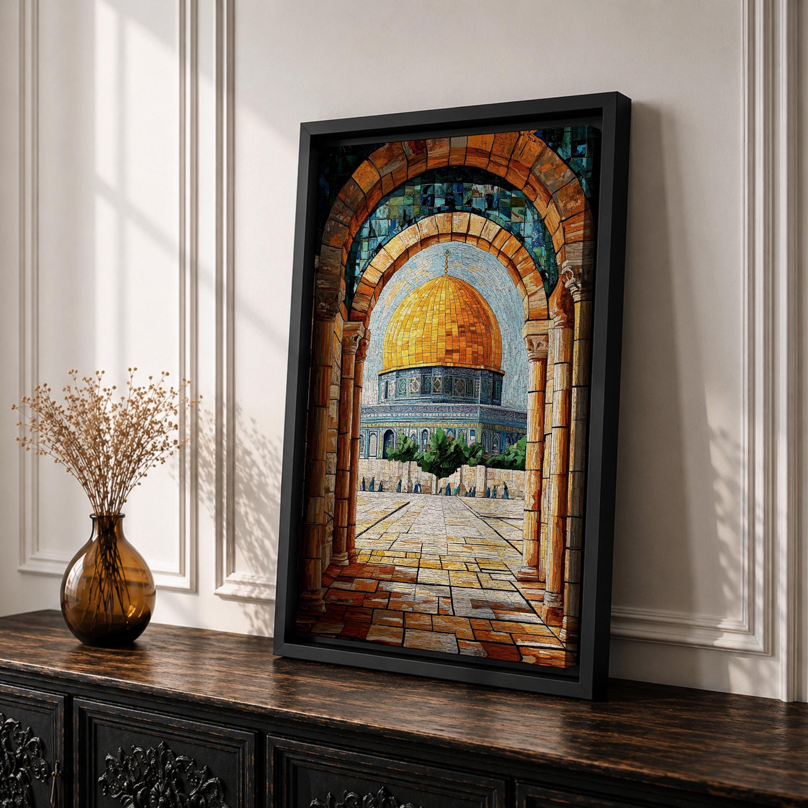 Mosaic-style artwork of the golden Dome of the Rock within the Masjid Al Aqsa compound in Jerusalem, viewed through a historic stone archway with detailed tile textures and the open courtyard leading toward the iconic Islamic shrine.
