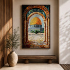 Mosaic-style artwork of the golden Dome of the Rock within the Masjid Al Aqsa compound in Jerusalem, viewed through a historic stone archway with detailed tile textures and the open courtyard leading toward the iconic Islamic shrine.