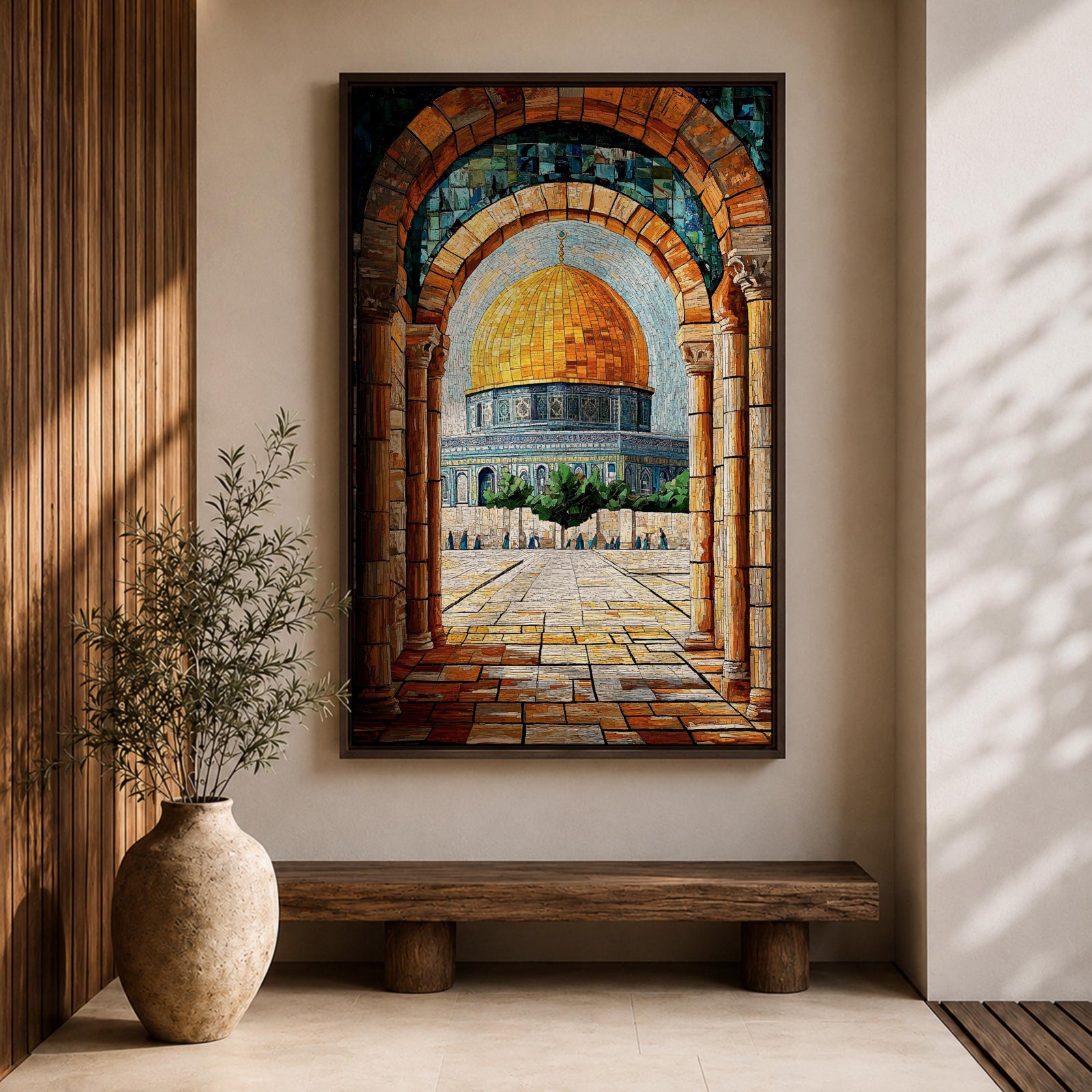 Mosaic-style artwork of the golden Dome of the Rock within the Masjid Al Aqsa compound in Jerusalem, viewed through a historic stone archway with detailed tile textures and the open courtyard leading toward the iconic Islamic shrine.