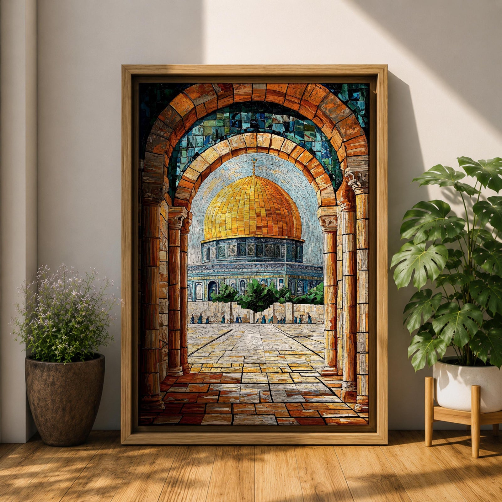 Mosaic-style artwork of the golden Dome of the Rock within the Masjid Al Aqsa compound in Jerusalem, viewed through a historic stone archway with detailed tile textures and the open courtyard leading toward the iconic Islamic shrine.