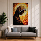Mosaic style portrait of the Virgin Mary shown in profile with her head gently bowed in prayer, wearing a dark veil with a radiant golden halo composed of small stained glass tiles behind her head, rendered in warm orange and gold mosaic textures forming a devotional Marian composition.