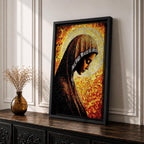 Mosaic style portrait of the Virgin Mary shown in profile with her head gently bowed in prayer, wearing a dark veil with a radiant golden halo composed of small stained glass tiles behind her head, rendered in warm orange and gold mosaic textures forming a devotional Marian composition.