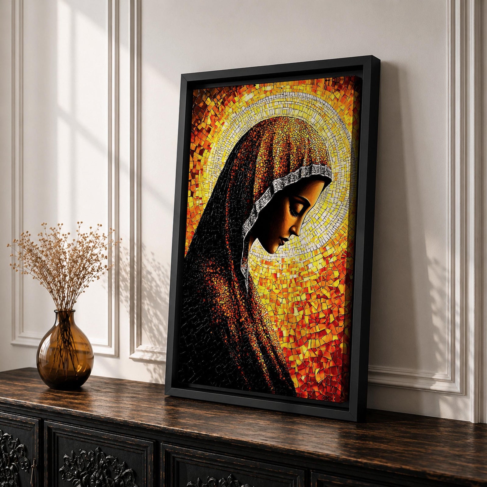 Mosaic style portrait of the Virgin Mary shown in profile with her head gently bowed in prayer, wearing a dark veil with a radiant golden halo composed of small stained glass tiles behind her head, rendered in warm orange and gold mosaic textures forming a devotional Marian composition.