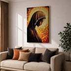 Mosaic style portrait of the Virgin Mary shown in profile with her head gently bowed in prayer, wearing a dark veil with a radiant golden halo composed of small stained glass tiles behind her head, rendered in warm orange and gold mosaic textures forming a devotional Marian composition.