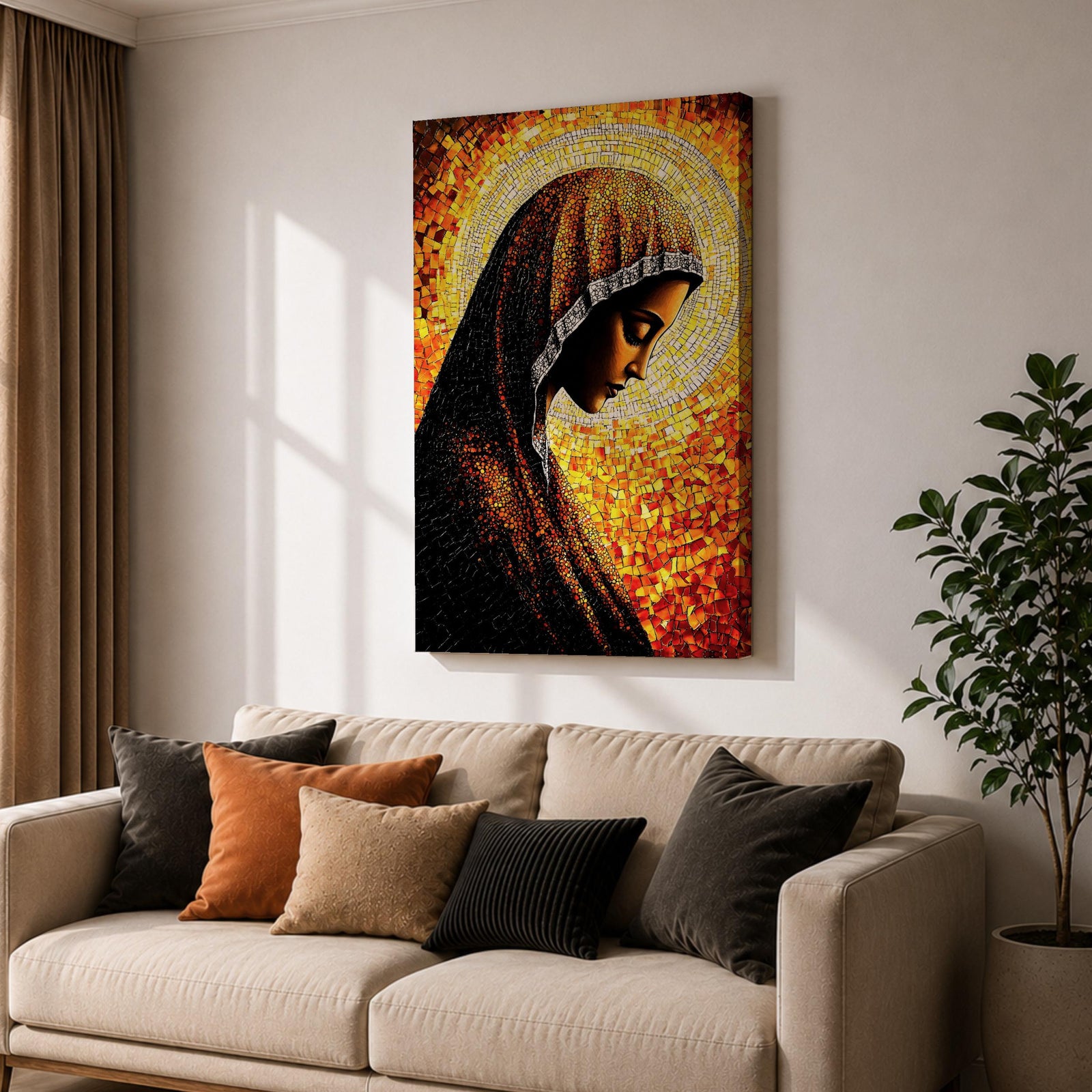 Mosaic style portrait of the Virgin Mary shown in profile with her head gently bowed in prayer, wearing a dark veil with a radiant golden halo composed of small stained glass tiles behind her head, rendered in warm orange and gold mosaic textures forming a devotional Marian composition.