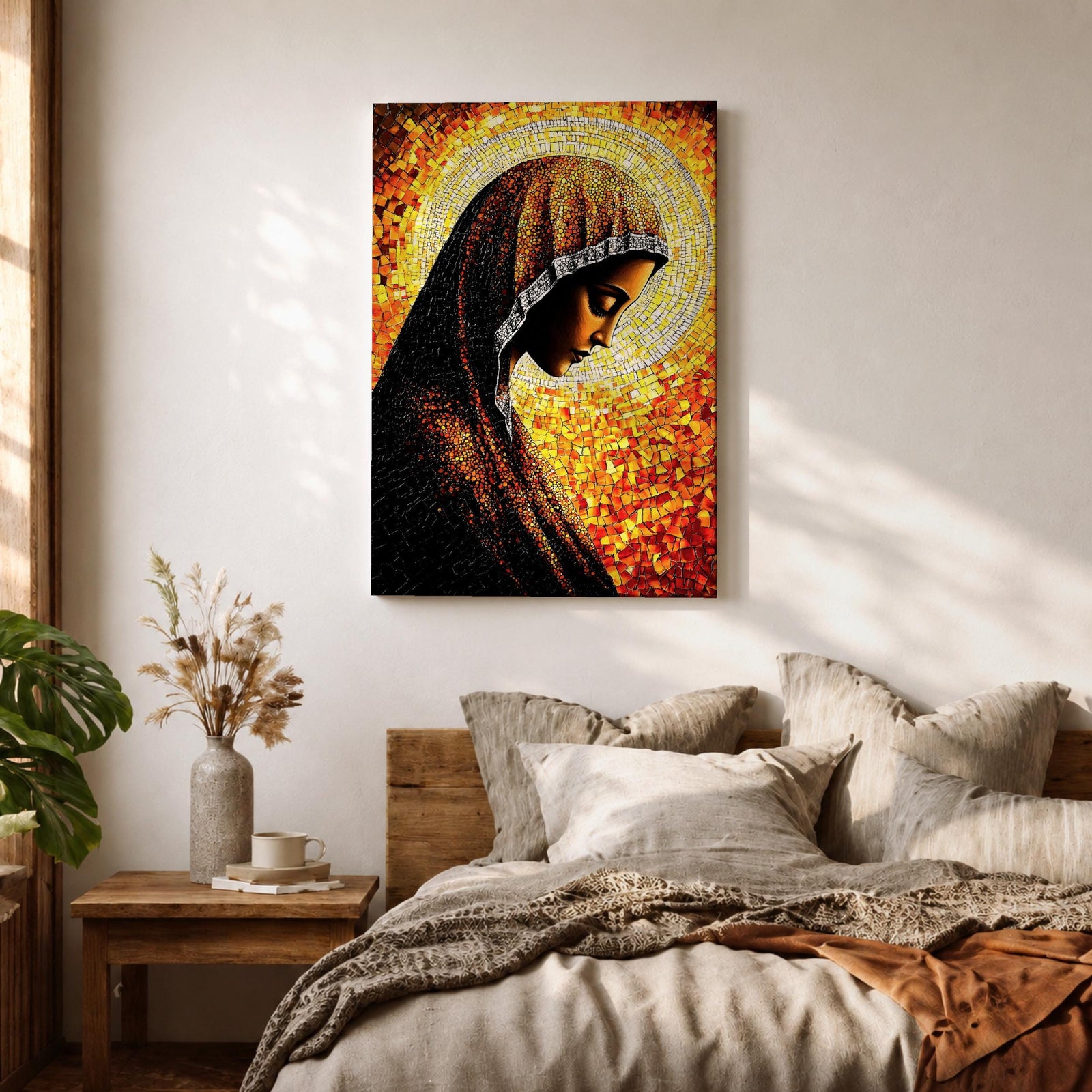 Mosaic style portrait of the Virgin Mary shown in profile with her head gently bowed in prayer, wearing a dark veil with a radiant golden halo composed of small stained glass tiles behind her head, rendered in warm orange and gold mosaic textures forming a devotional Marian composition.