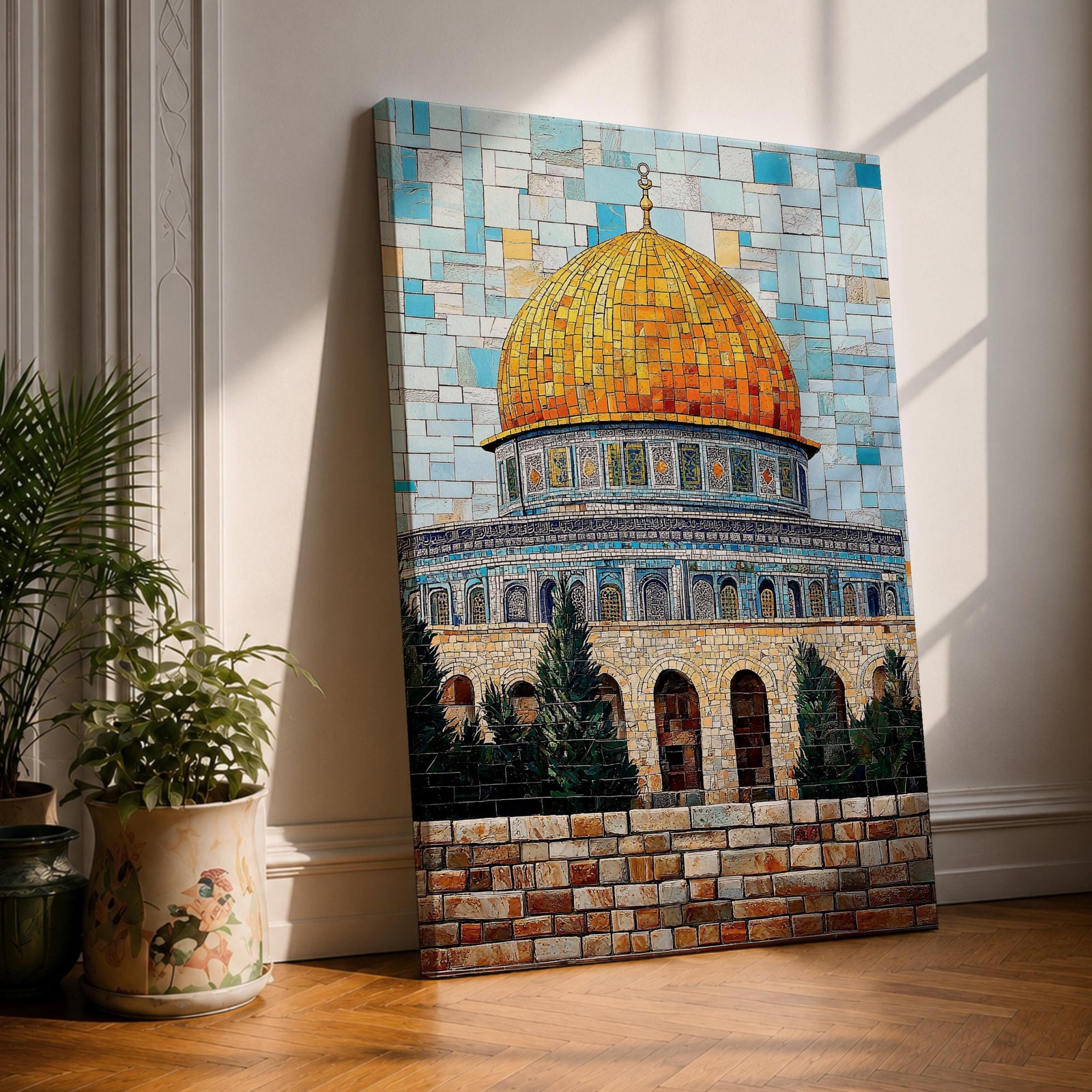 Mosaic-style artwork showing the golden dome within the Masjid Al Aqsa compound in Jerusalem, with detailed blue tile architecture and a geometric sky background highlighting the iconic Islamic shrine.