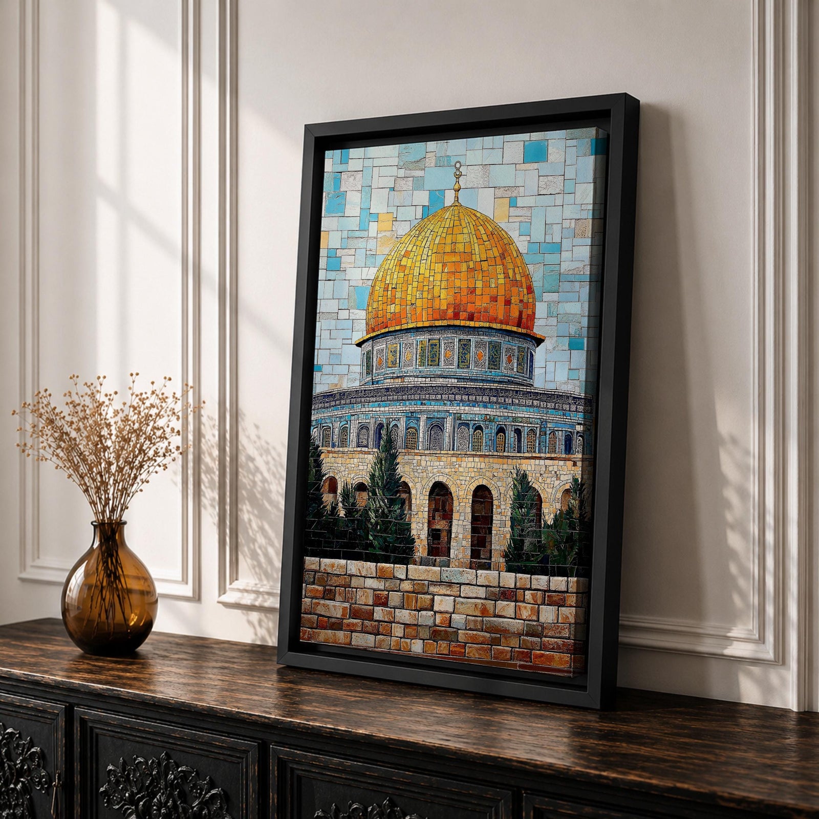 Mosaic-style artwork showing the golden dome within the Masjid Al Aqsa compound in Jerusalem, with detailed blue tile architecture and a geometric sky background highlighting the iconic Islamic shrine.