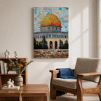 Mosaic-style artwork showing the golden dome within the Masjid Al Aqsa compound in Jerusalem, with detailed blue tile architecture and a geometric sky background highlighting the iconic Islamic shrine.