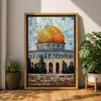 Mosaic-style artwork showing the golden dome within the Masjid Al Aqsa compound in Jerusalem, with detailed blue tile architecture and a geometric sky background highlighting the iconic Islamic shrine.