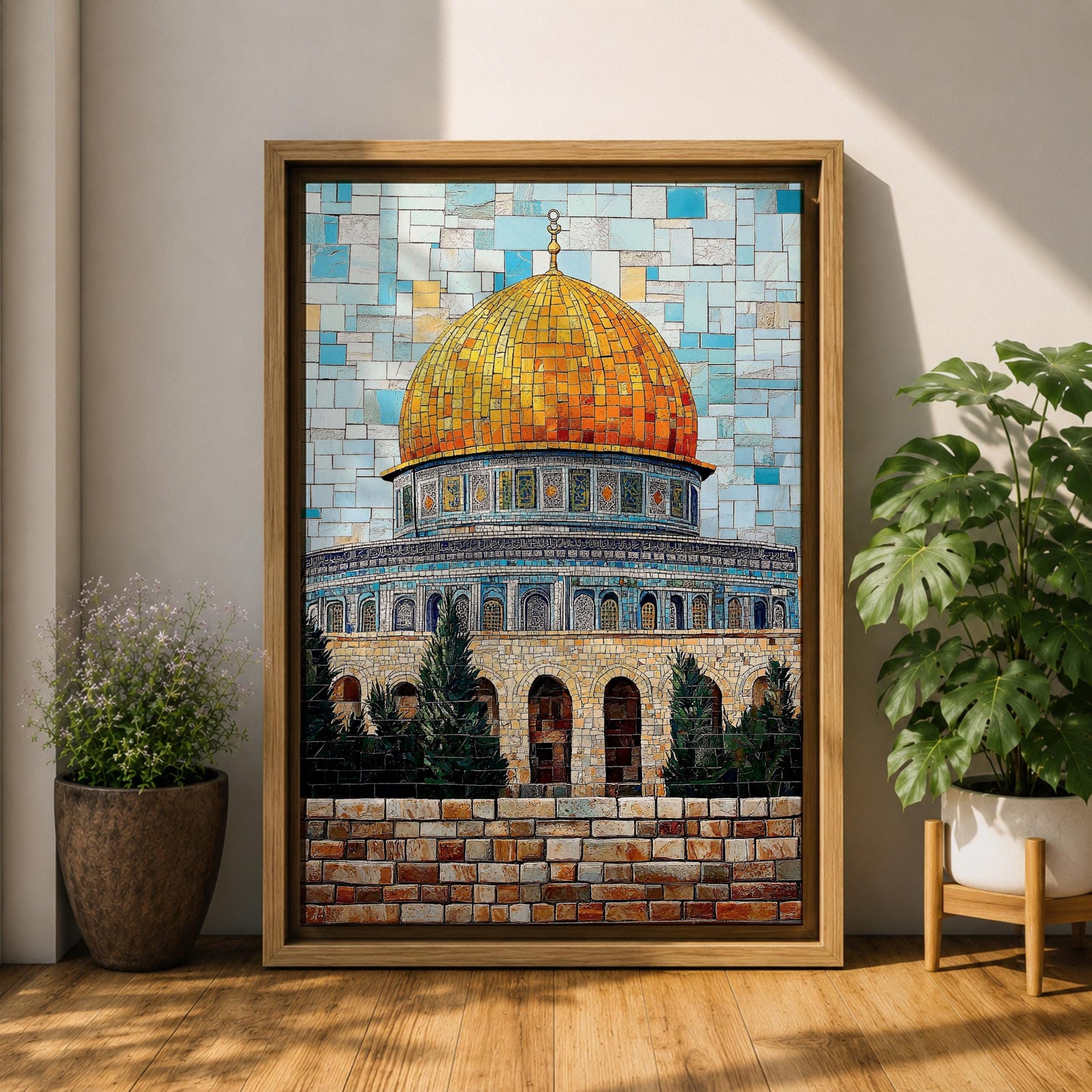Mosaic-style artwork showing the golden dome within the Masjid Al Aqsa compound in Jerusalem, with detailed blue tile architecture and a geometric sky background highlighting the iconic Islamic shrine.