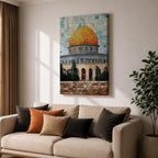 Mosaic-style artwork showing the golden dome within the Masjid Al Aqsa compound in Jerusalem, with detailed blue tile architecture and a geometric sky background highlighting the iconic Islamic shrine.