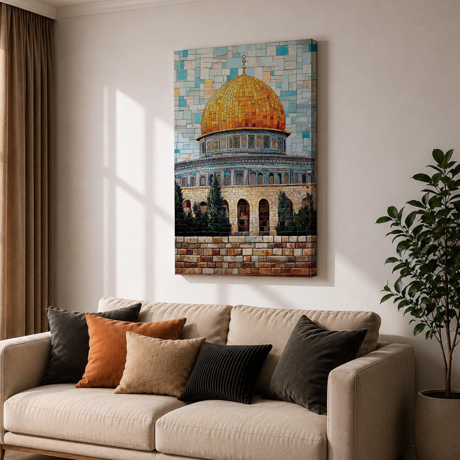 Mosaic-style artwork showing the golden dome within the Masjid Al Aqsa compound in Jerusalem, with detailed blue tile architecture and a geometric sky background highlighting the iconic Islamic shrine.