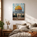 Mosaic-style artwork showing the golden dome within the Masjid Al Aqsa compound in Jerusalem, with detailed blue tile architecture and a geometric sky background highlighting the iconic Islamic shrine.