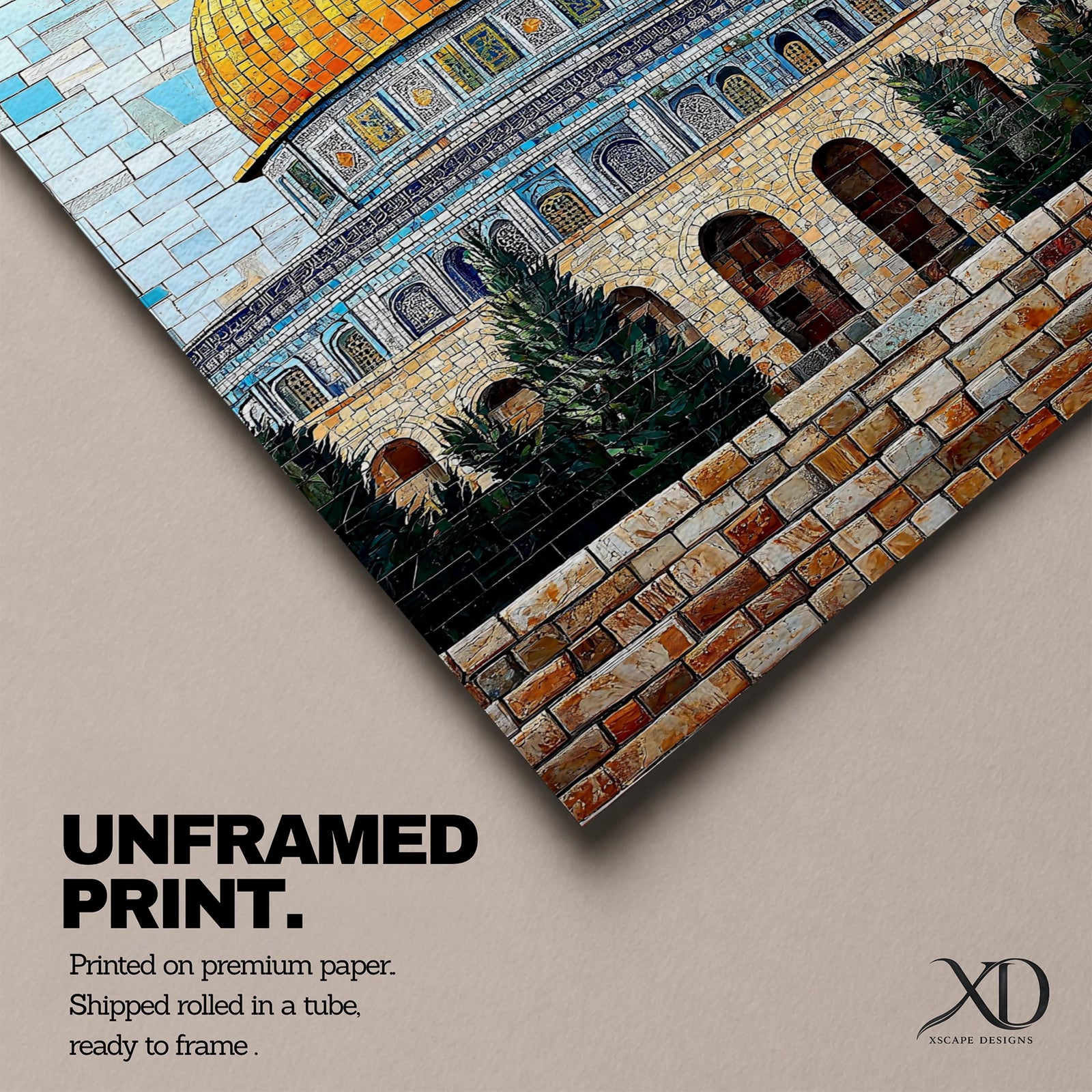 Mosaic-style artwork showing the golden dome within the Masjid Al Aqsa compound in Jerusalem, with detailed blue tile architecture and a geometric sky background highlighting the iconic Islamic shrine.