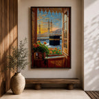 Painting of the Kaaba at Masjid Al Haram in Mecca viewed through an open wooden window with flowers on the sill, showing the black Kaaba in the courtyard surrounded by worshippers and tall mosque minarets under a glowing sunset sky.