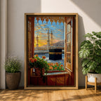 Painting of the Kaaba at Masjid Al Haram in Mecca viewed through an open wooden window with flowers on the sill, showing the black Kaaba in the courtyard surrounded by worshippers and tall mosque minarets under a glowing sunset sky.