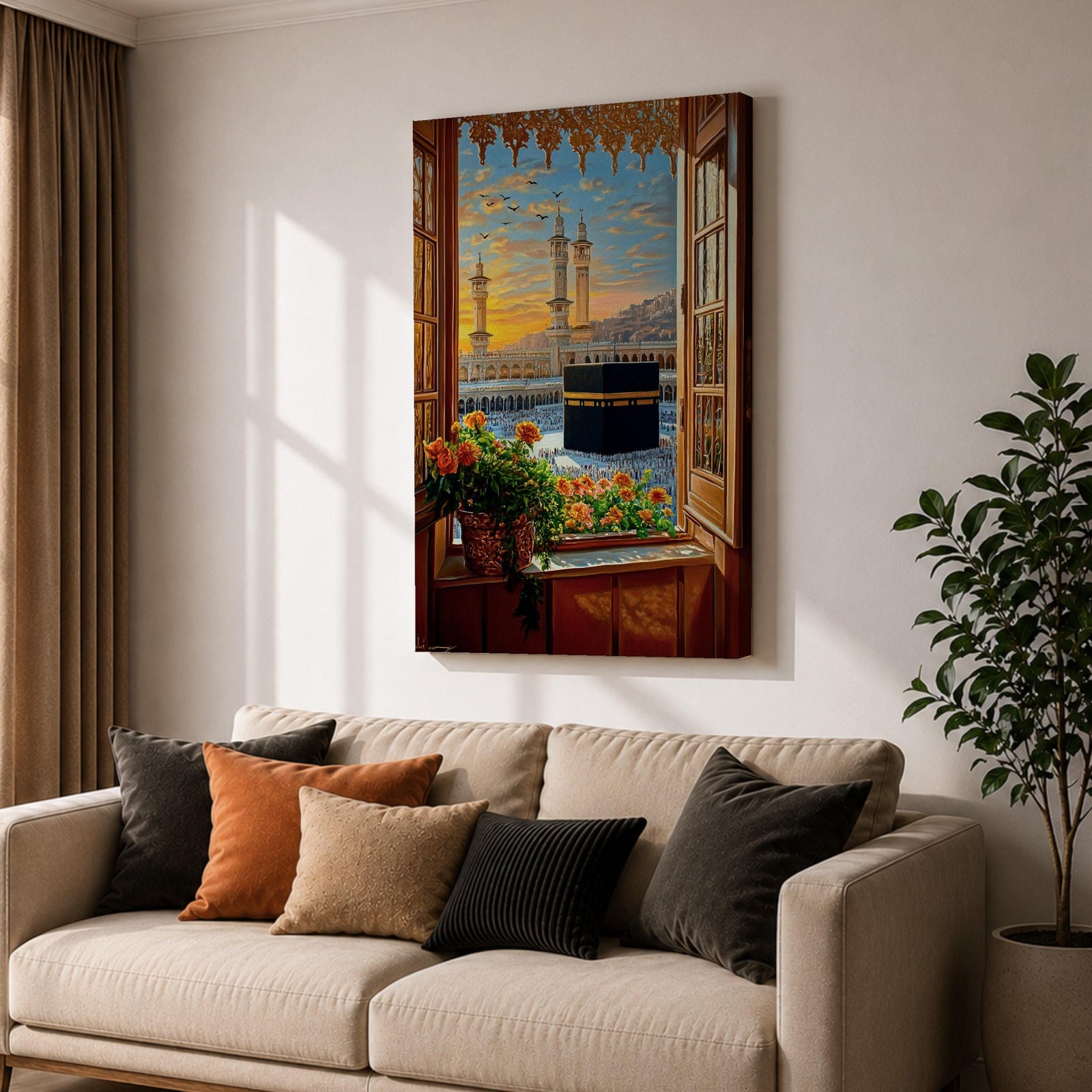 Painting of the Kaaba at Masjid Al Haram in Mecca viewed through an open wooden window with flowers on the sill, showing the black Kaaba in the courtyard surrounded by worshippers and tall mosque minarets under a glowing sunset sky.