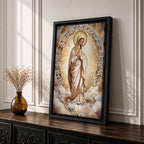 Mosaic style artwork of the Virgin Mary standing with hands folded in prayer, surrounded by a radiant golden halo and a decorative floral arch composed of small mosaic tiles and delicate blossoms, rendered in soft neutral and golden tones forming a serene Catholic devotional portrait.