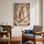 Mosaic style artwork of the Virgin Mary standing with hands folded in prayer, surrounded by a radiant golden halo and a decorative floral arch composed of small mosaic tiles and delicate blossoms, rendered in soft neutral and golden tones forming a serene Catholic devotional portrait.