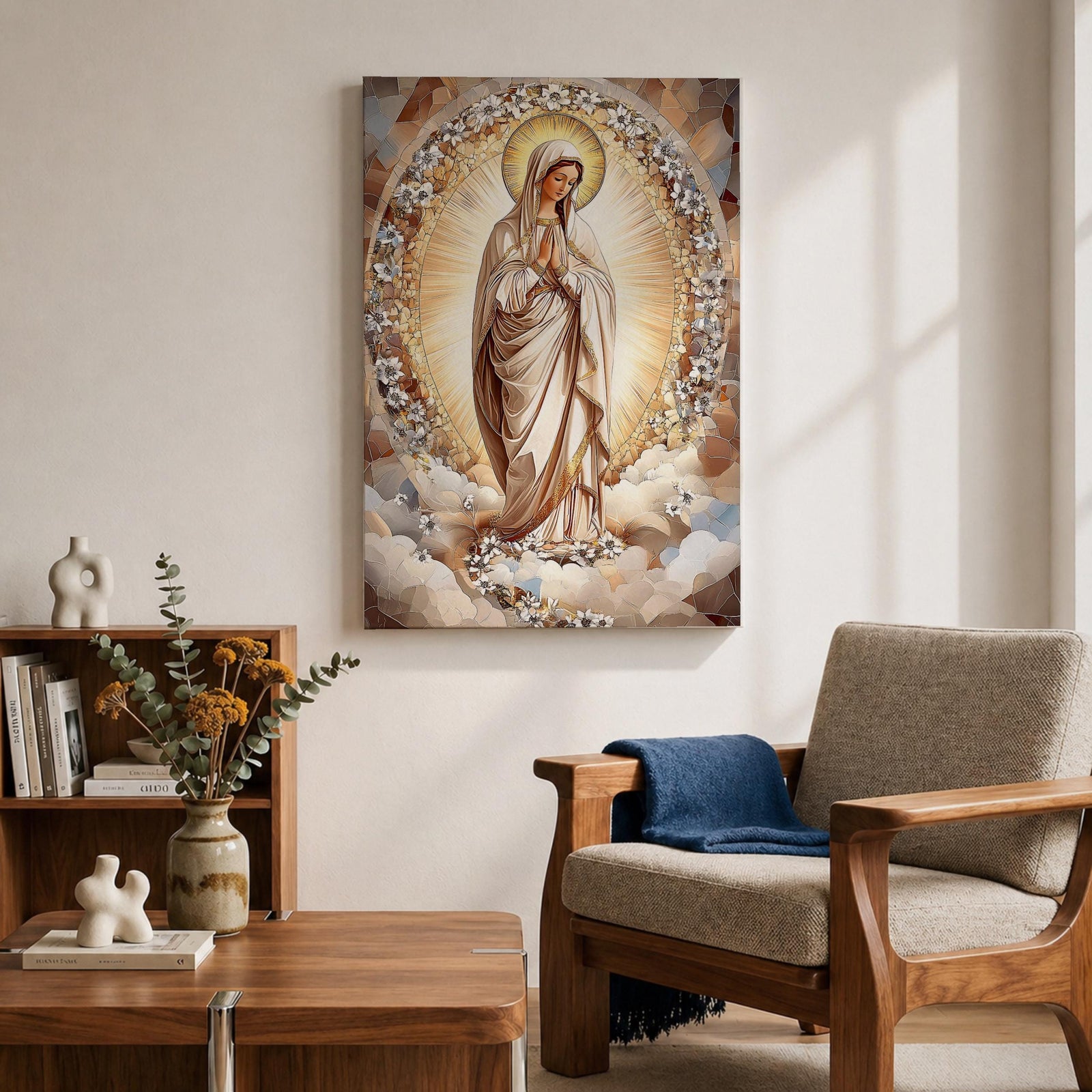 Mosaic style artwork of the Virgin Mary standing with hands folded in prayer, surrounded by a radiant golden halo and a decorative floral arch composed of small mosaic tiles and delicate blossoms, rendered in soft neutral and golden tones forming a serene Catholic devotional portrait.