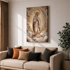 Mosaic style artwork of the Virgin Mary standing with hands folded in prayer, surrounded by a radiant golden halo and a decorative floral arch composed of small mosaic tiles and delicate blossoms, rendered in soft neutral and golden tones forming a serene Catholic devotional portrait.