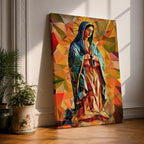 A vibrant mosaic-style stained glass depiction of Our Lady of Guadalupe shows her with hands clasped in prayer, wearing a blue mantle and surrounded by geometric colorful shapes, capturing the traditional Mexican Marian apparition in a modern abstract mosaic composition.