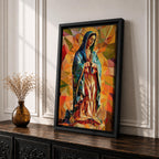 A vibrant mosaic-style stained glass depiction of Our Lady of Guadalupe shows her with hands clasped in prayer, wearing a blue mantle and surrounded by geometric colorful shapes, capturing the traditional Mexican Marian apparition in a modern abstract mosaic composition.