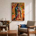 A vibrant mosaic-style stained glass depiction of Our Lady of Guadalupe shows her with hands clasped in prayer, wearing a blue mantle and surrounded by geometric colorful shapes, capturing the traditional Mexican Marian apparition in a modern abstract mosaic composition.