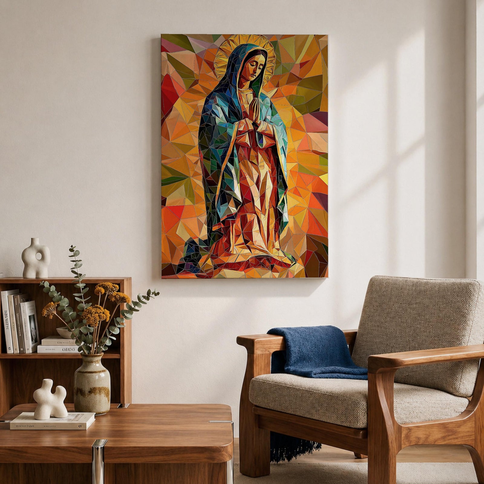 A vibrant mosaic-style stained glass depiction of Our Lady of Guadalupe shows her with hands clasped in prayer, wearing a blue mantle and surrounded by geometric colorful shapes, capturing the traditional Mexican Marian apparition in a modern abstract mosaic composition.