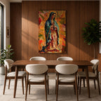 A vibrant mosaic-style stained glass depiction of Our Lady of Guadalupe shows her with hands clasped in prayer, wearing a blue mantle and surrounded by geometric colorful shapes, capturing the traditional Mexican Marian apparition in a modern abstract mosaic composition.
