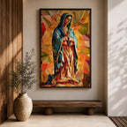A vibrant mosaic-style stained glass depiction of Our Lady of Guadalupe shows her with hands clasped in prayer, wearing a blue mantle and surrounded by geometric colorful shapes, capturing the traditional Mexican Marian apparition in a modern abstract mosaic composition.
