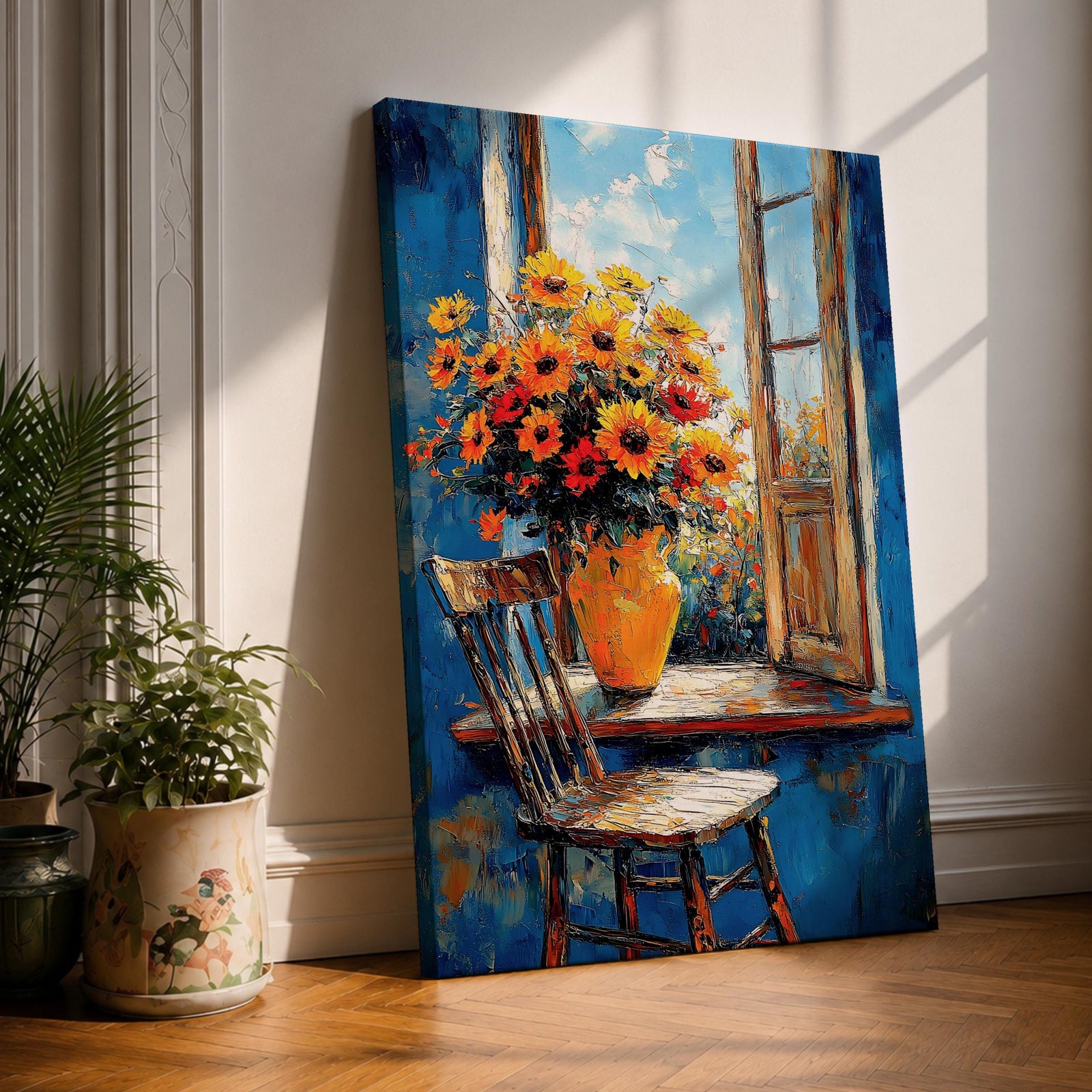 This artwork depicts a vibrant bouquet of sunflowers and orange flowers in a rustic vase placed on a wooden chair by an open window. The painting features textured brushstrokes and a bright blue background, capturing a cozy cottagecore floral scene with a natural, inviting atmosphere.