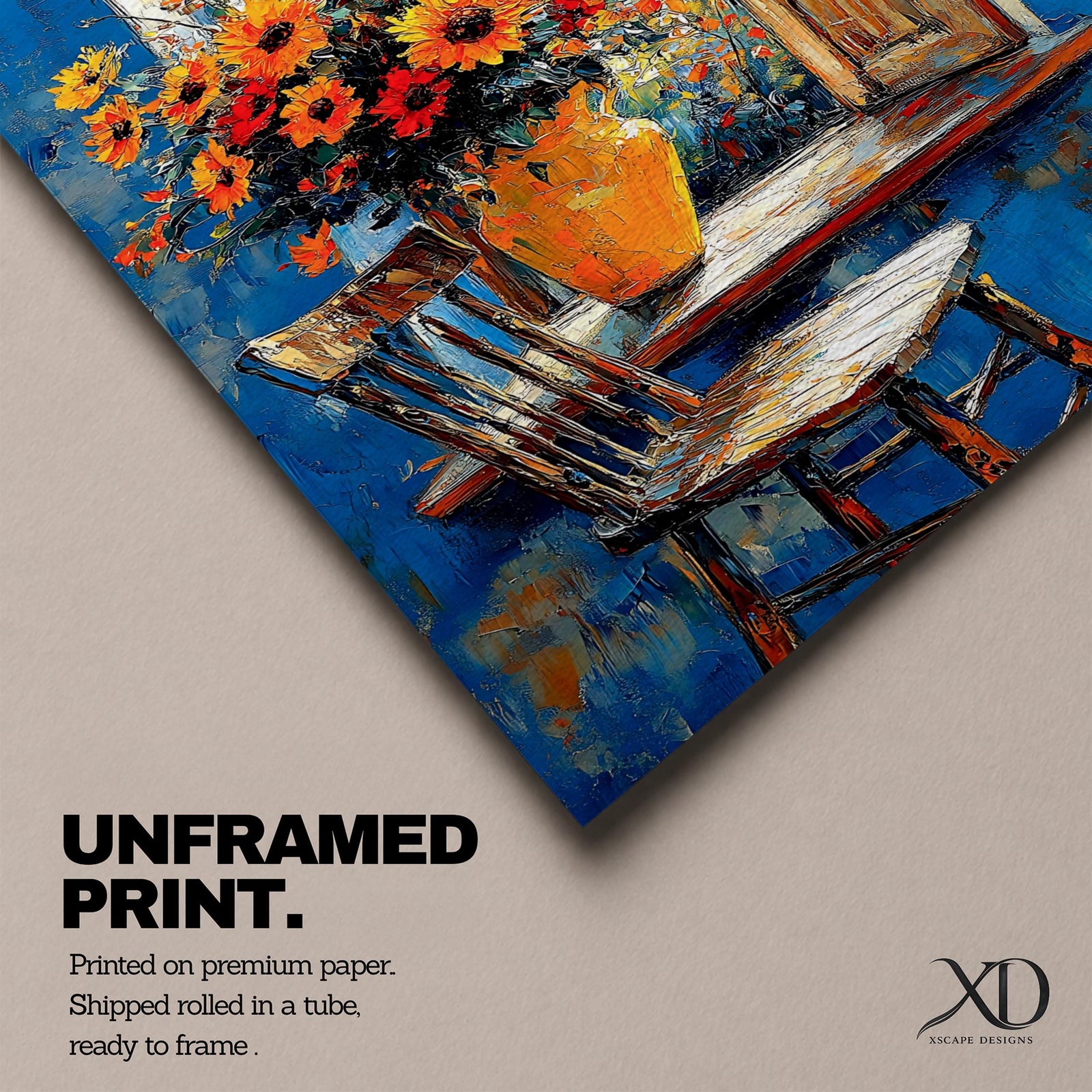 This artwork depicts a vibrant bouquet of sunflowers and orange flowers in a rustic vase placed on a wooden chair by an open window. The painting features textured brushstrokes and a bright blue background, capturing a cozy cottagecore floral scene with a natural, inviting atmosphere.