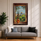 Painting of the Dome of the Rock in Jerusalem viewed through an open wooden window with a vase of flowers on the sill, overlooking green gardens and the golden dome rising above the historic Islamic shrine.