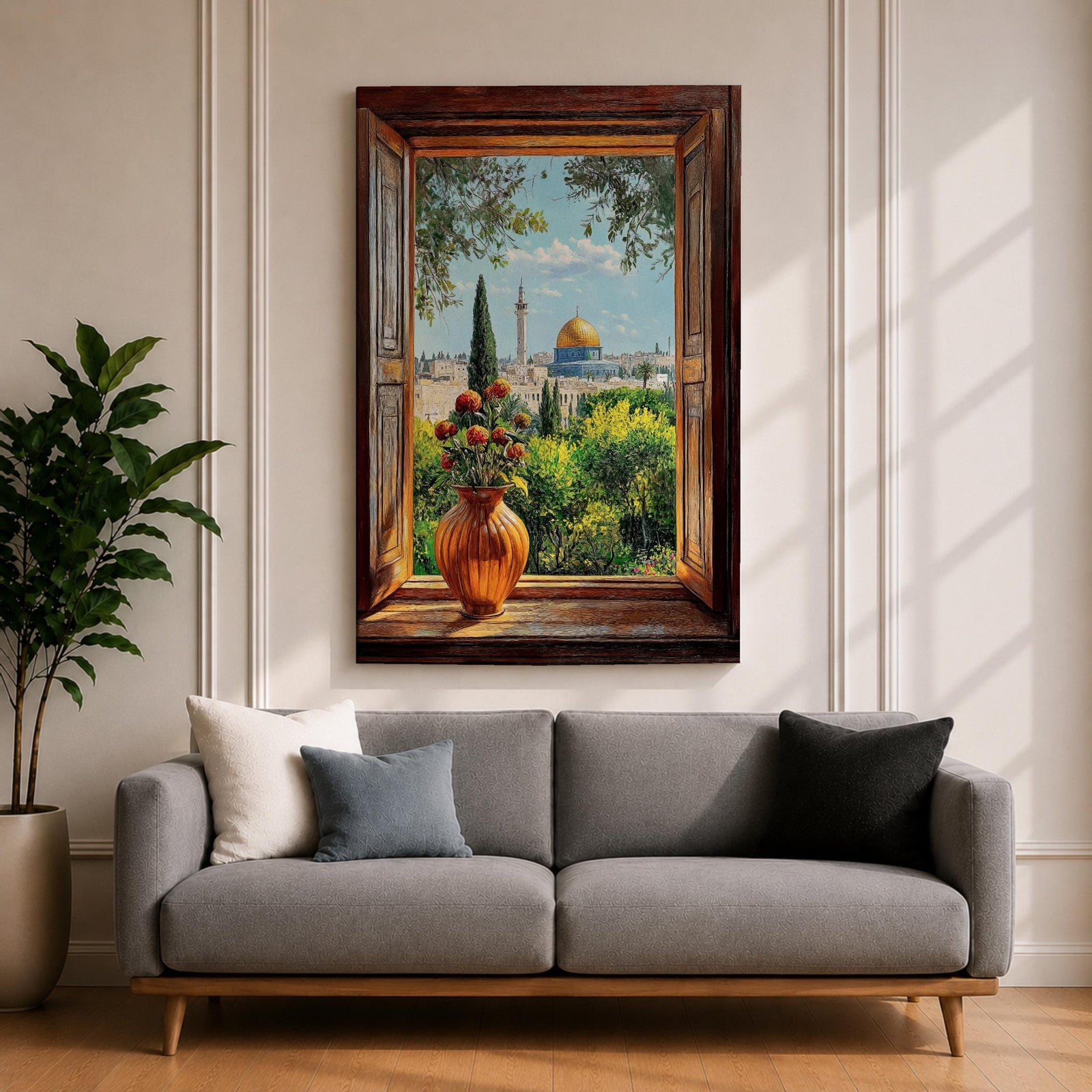 Painting of the Dome of the Rock in Jerusalem viewed through an open wooden window with a vase of flowers on the sill, overlooking green gardens and the golden dome rising above the historic Islamic shrine.