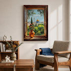 Painting of the Dome of the Rock in Jerusalem viewed through an open wooden window with a vase of flowers on the sill, overlooking green gardens and the golden dome rising above the historic Islamic shrine.