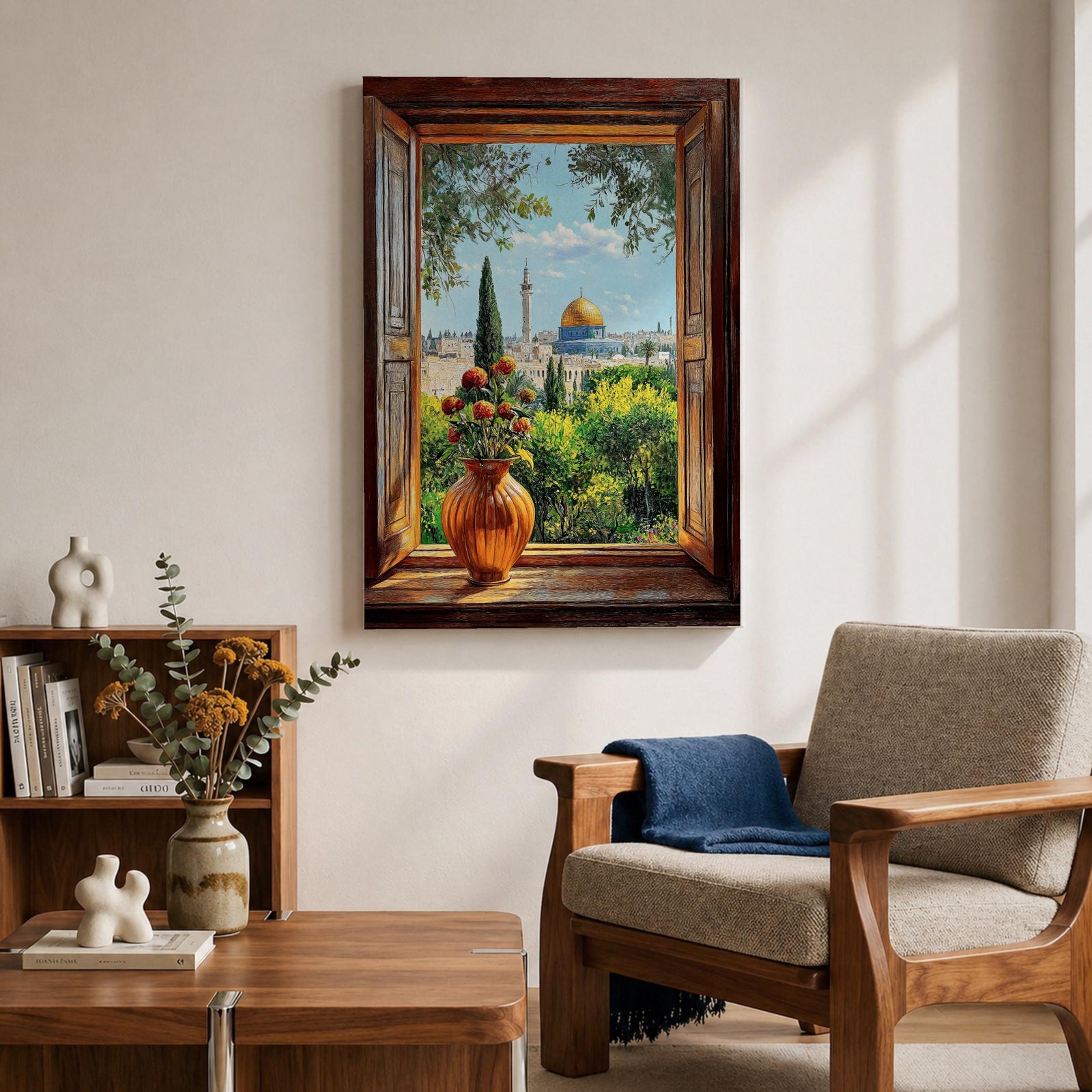 Painting of the Dome of the Rock in Jerusalem viewed through an open wooden window with a vase of flowers on the sill, overlooking green gardens and the golden dome rising above the historic Islamic shrine.