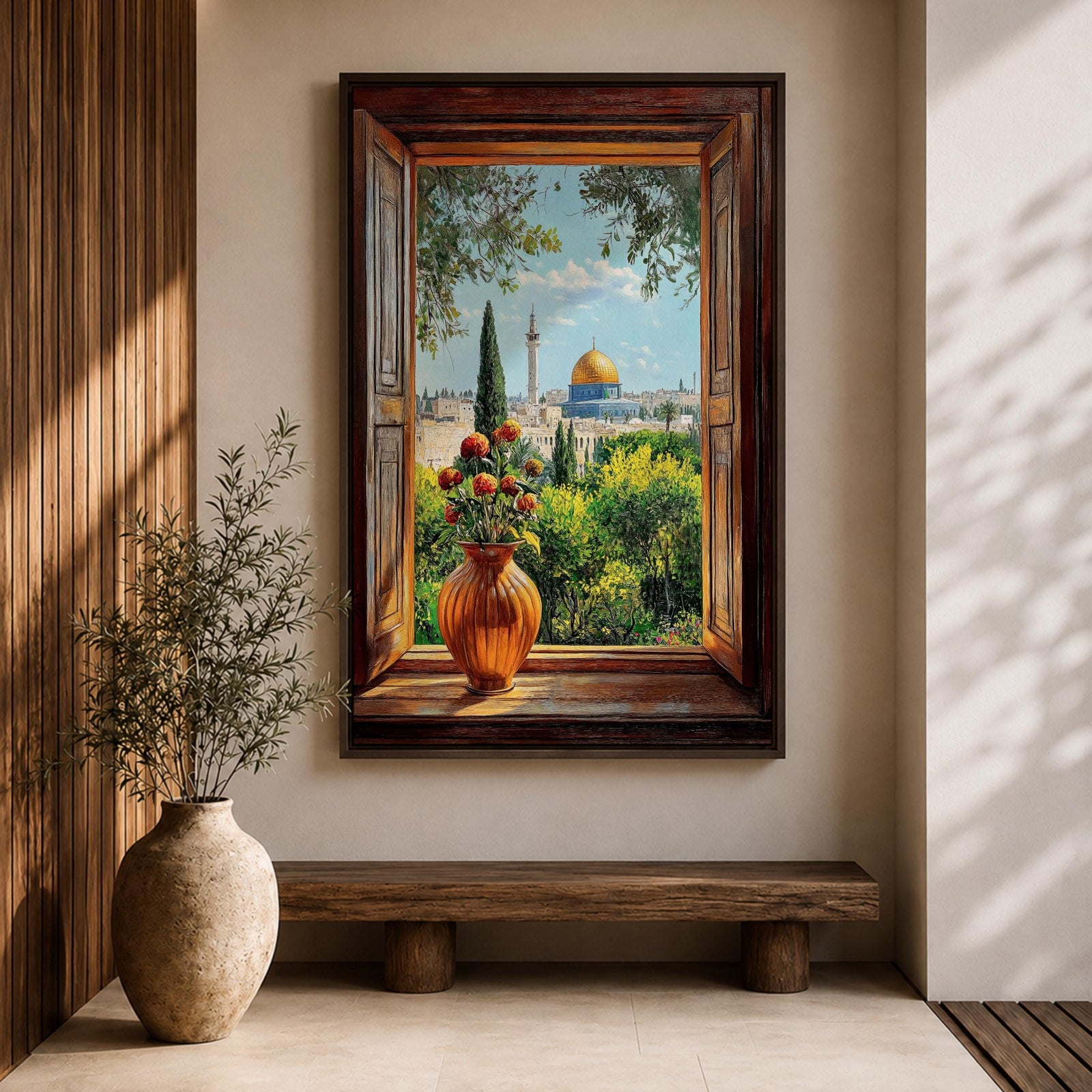Painting of the Dome of the Rock in Jerusalem viewed through an open wooden window with a vase of flowers on the sill, overlooking green gardens and the golden dome rising above the historic Islamic shrine.