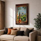 Painting of the Dome of the Rock in Jerusalem viewed through an open wooden window with a vase of flowers on the sill, overlooking green gardens and the golden dome rising above the historic Islamic shrine.