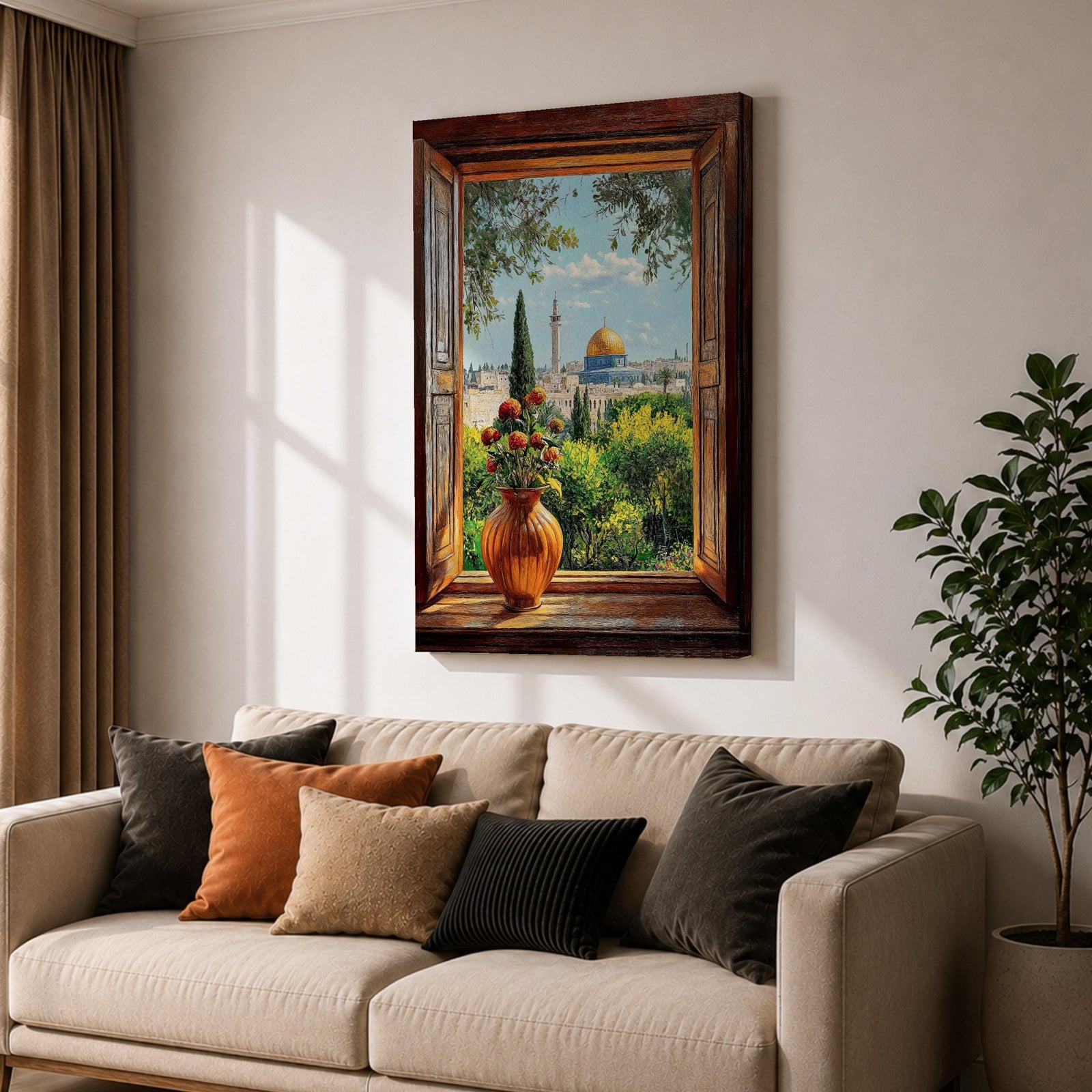 Painting of the Dome of the Rock in Jerusalem viewed through an open wooden window with a vase of flowers on the sill, overlooking green gardens and the golden dome rising above the historic Islamic shrine.